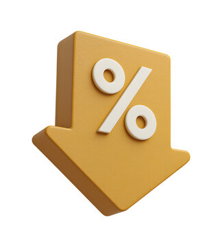 A three-dimensional yellow arrow pointing downward features a white percentage symbol representing a decrease or reduction