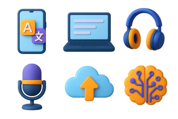 3D Digital Language Icons. Digital language tools set of icons in 3D color style: smartphone with app, laptop with text, headphones, microphone, cloud