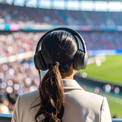Woman wearing headphones watches a soccer game
