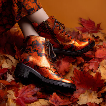 Fashionable modern concept of women&rsquo;s footwear, autumn boot in orange color on autumn leaves. Fall season. Minimal concept.