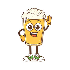 Yellow cartoon beer glass character with big foam head, green sneakers, smiling face and waving hand. Comic mascot emoji icon with positive gesture and emotion. Vector illustration