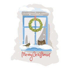Cute cat looks at a birds from the window.  Christmas card, vector illustration with funny characters.
