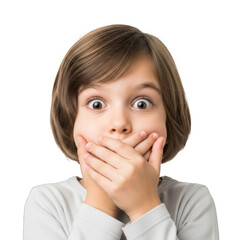 Young girl with wide, surprised eyes covering her mouth with hands, expressing shock or speechlessness.. PNG Cut Out Transparent