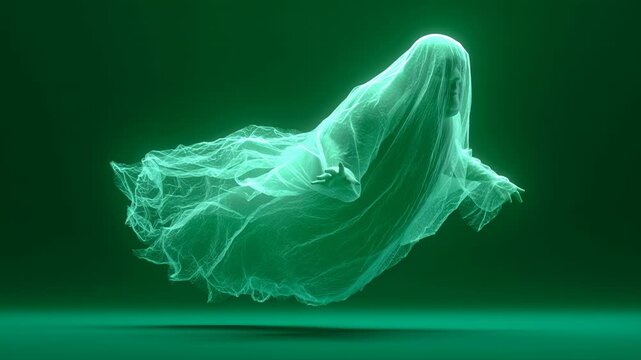 3D Ghost Cloth Floating in Air with Realistic Fabric Motion, Isolated on Green Screen for Halloween or Horror Video Design