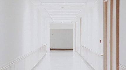 Fototapeta premium Bright empty Hospital corridor with white walls and doors Mockup for healthcare design