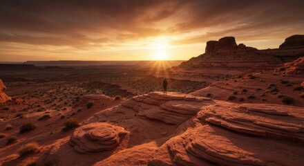 Fototapeta premium Lone figure overlooks vast desert landscape at sunset with rock formations and vivid sky