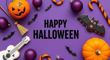 Happy halloween decorations and treats on purple background