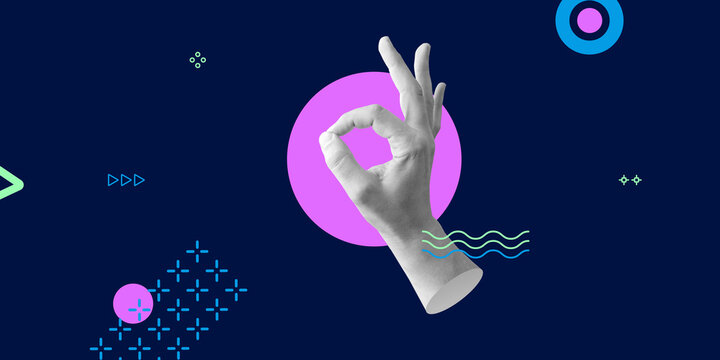 Hand showing OK gesture on geometric blue background. Concept of approval, communication, and modern digital culture. Minimalist art collage. Minimalist art collage