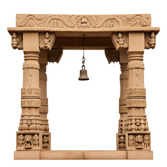 Stone Indian archway with bells and detailed carvings, traditional architectural element with pillars.