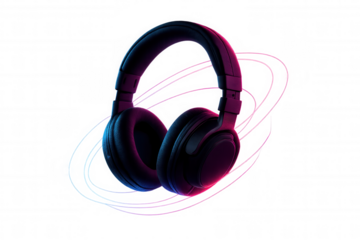 Headphones with neon light effects creating vibrant sound waves, representing modern music and audio technology