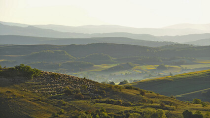 Rural landscape at sunrise. Hills of Transylvania in the Carpathian Mountains.