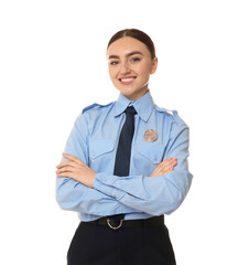 Young policewoman in uniform on white background