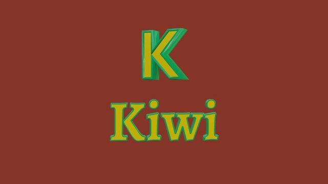 Rotating 3D characters K and Kiwi in an oscillating cycle, featuring bright gold and lime green against a rust background, conceptualizing children's education and learning. 3D rendering