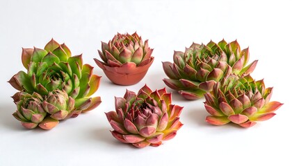Group of colorful succulent plants against a white backdrop