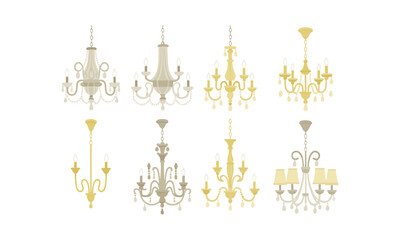Classic Ballroom Chandeliers – Ornate Candle-Style Lighting Icons, Vector Clean on White, interior elements, easily editable.
