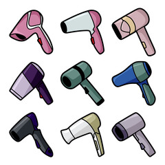 collection of colorful cartoon hair dryer illustrations