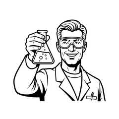 Smiling male scientist in a lab coat holding a bubbling chemical flask.
