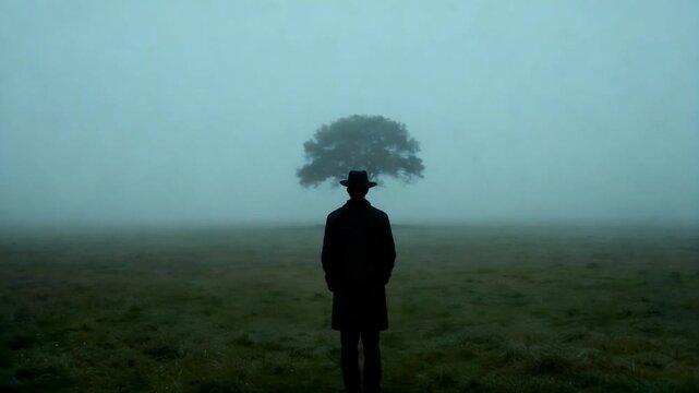 Mysterious wanderer in fog with tree atop head, surreal and thought provoking journey
