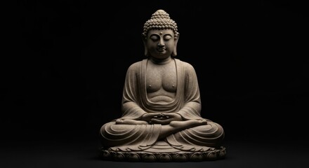 Fototapeta premium Meditating Buddha statue in lotus position against a black background