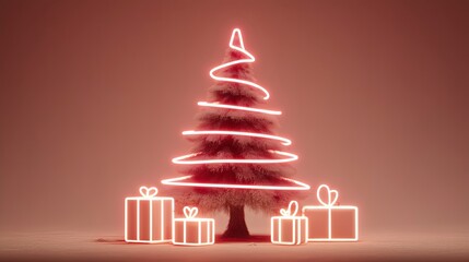 Neon Christmas tree with glowing presents on red background