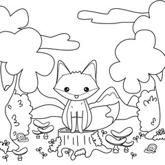 cute hand drawn black and white fall cartoon character baby fox in the forest with trees, snail, bushes and mushrooms vector illustration for coloring art book	