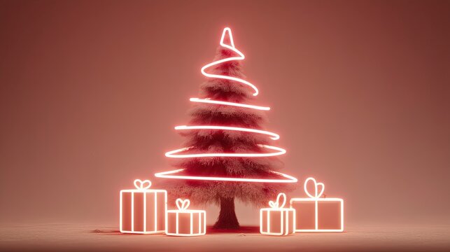Neon Christmas tree with glowing presents on red background