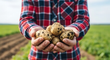 Farmer hands holding fresh organic potatoes harvested from a field showing agriculture and healthy food concept