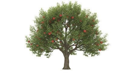 Isolated apple tree full of red ripe fruits, detailed foliage on a sunny spring day, tree