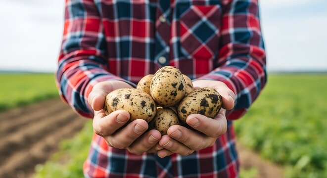 Farmer hands holding fresh organic potatoes harvested from a field showing agriculture and healthy food concept