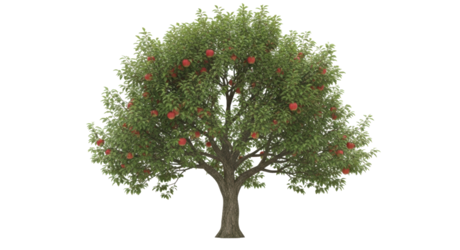 Isolated apple tree full of red ripe fruits, detailed foliage on a sunny spring day, tree