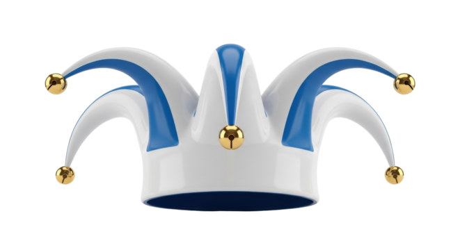 Isolated jester hat, blue trim, shiny bells, playful headwear, Mardi Gras revelry, fun costume