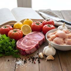 A Vibrant Still Life Featuring Fresh Ingredients, Including A Juicy Beef Steak, Diced Chicken, Ripe Tomatoes, Lemons, Garlic, And Aromatic Parsley, Arranged on A Rustic Wooden Surface ...