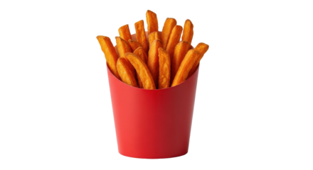 Isolated crispy golden french fries in a red carton container for fast food restaurants