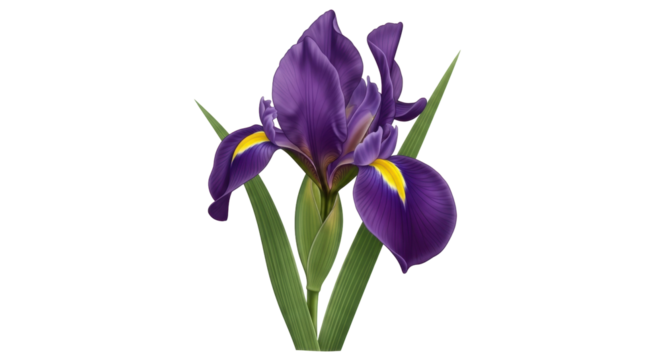 Isolated purple iris flower, detailed botanical illustration, graceful bloom, elegant petals