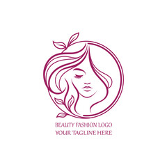 Elegant Beauty Fashion Logo with Woman Face Silhouette and Floral Hair Design in Purple Line Art on White Background