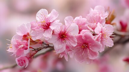 Fototapeta premium Delicate cherry blossoms blooming in spring, showcasing vibrant pink petals and a serene, enchanting atmosphere.