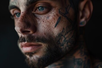 Obraz premium Close up portrait of a tattooed man with freckles, highlighting his facial ink in dramatic lighting