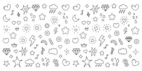 Whimsical hand drawn doodle icons featuring stars hearts clouds diamonds lightning bolts and music notes