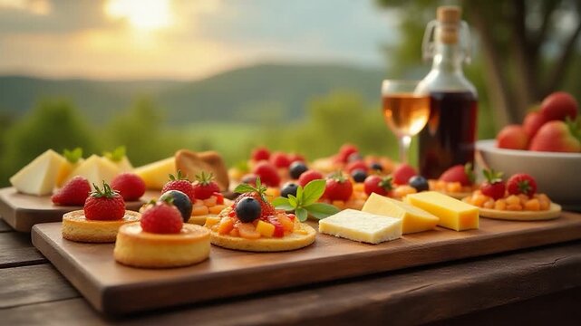 video A wooden table set with a variety of cheeses and fruits, perfect for a buffet or picnic
