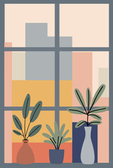 Minimalist vector illustration of a window view with geometric color blocks and potted plants. Modern flat design in muted tones of blue, peach, yellow, and coral with clean, balanced composition