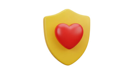 Isolated gold shield with red heart in center, symbol for health insurance or charity