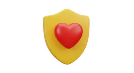 Isolated gold shield with red heart in center, symbol for health insurance or charity