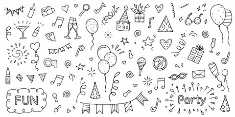 Collection of hand drawn party elements and celebratory icons in doodle style