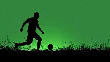 Naklejka premium Silhouette of a soccer player kicking a ball against a green backdrop, symbolizing energy and passion for the game.