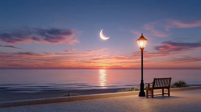 Tranquil sunset over the ocean with a crescent moon and a glowing street lamp