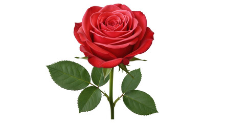 Isolated beautiful red rose flower with green leaves, fresh garden bloom, natural beauty