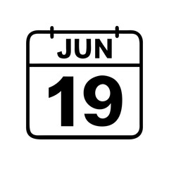 Vector art of a simple, clean graphic illustration of a calendar page showing the month of june and the number 19, isolated on a