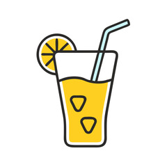 Vector art of a refreshing glass of yellow lemonade with ice cubes and a slice of lemon on the side, served with a blue straw