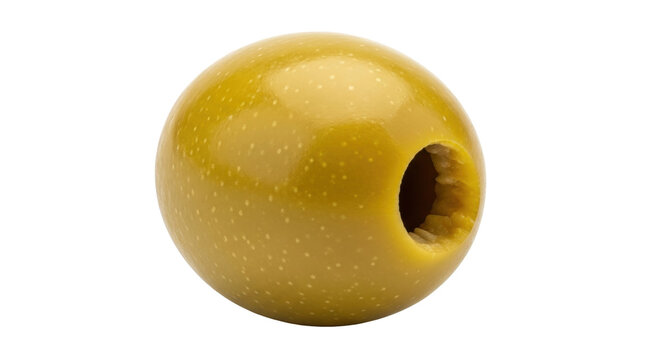 Isolated yellow green olive with a pit removed, close-up view, Mediterranean food