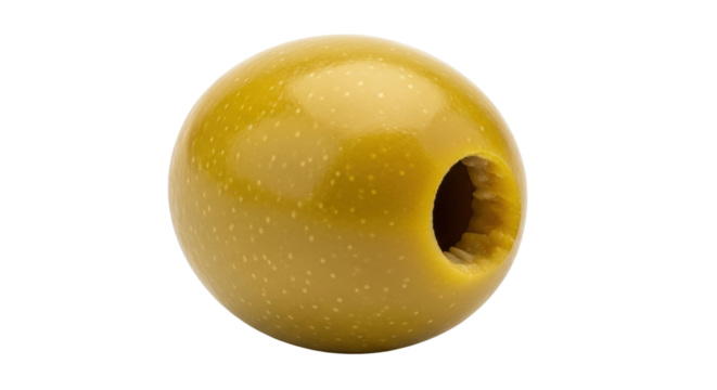 Isolated yellow green olive with a pit removed, close-up view, Mediterranean food